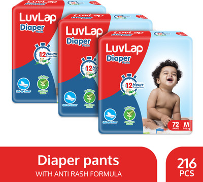 LuvLap Diaper Pants Medium (MD) 7 to 12Kg, Super Jumbo Pack (72 Count x 3 = 216 Count), Baby Diaper Pants, with Aloe Vera Lotion for rash protection, with upto 12 Hour protection - M(216 Pieces)