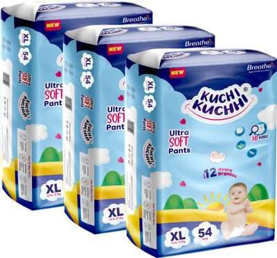 KUCHI KUCHHI Premium super soft baby diaper with a 3D bubble top (Pack of 3) - XL(162 Pieces)