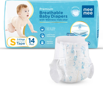 MeeMee Breathable Premium Baby Tape Diaper with Wetness Indicator and Leak-Proof Edges - S(14 Pieces)