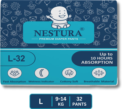 NESTURA Baby Diapers Pants Large L size with Wetness Indicator Pack of 1 (9-14 kg) - L(32 Pieces)