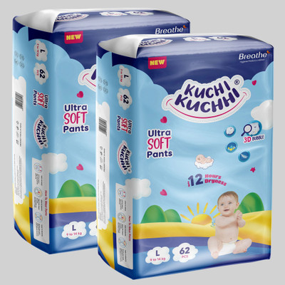 KUCHI KUCHHI Premium super soft baby diaper Pants with a 3D bubble top (Pack of 2) - L(124 Pieces)