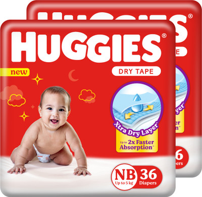 Huggies Dry Tape - Up to 2x Faster Absorption - Up to 12 Hours Overnight Absorption | - New Born(72 Pieces)