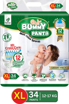 BUMMY PANTS Ultra Dry Baby Diapers with 5D Cross Core & 12-Hour Absorption | Pack of 1 - XL(34 Pieces)