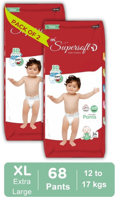 CPL SUPERSOFT Baby Diaper Pant Style | Up to 12 Hours Absorption | 12 - 17 Kg | Pack of 2 - XL(68 Pieces)