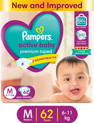 Pampers Active Baby Taped Diapers with Adjustable Fit - M(62 Pieces)