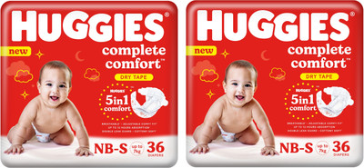 Huggies Newborn Small Size Complete Comfort Dry Tape Diapers 5 in 1 Comfort PACK OF 2 - S(72 Pieces)