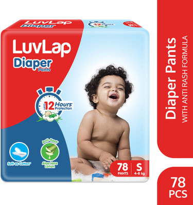 LuvLap Diaper Pants Small (SM) 4 to 8Kg, 78 Count, Baby Diaper Pants, with Aloe Vera Lotion for rash protection, with upto 12 Hour protection - S(78 Pieces)