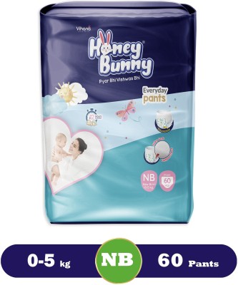 HONEY BUNNY New Born Everyday Pants Bubble Sheet Wetness Indicator 12 Hours Protection - New Born(60 Pieces)