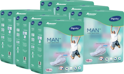 DIGNITY Man Light Incontinence Pads for Leakage Protection, Light Absorption Male Incontinence Pads, 10 Pads/Pack (Pack of 6) 60 Pads Adult Diapers - M(60 Pieces)