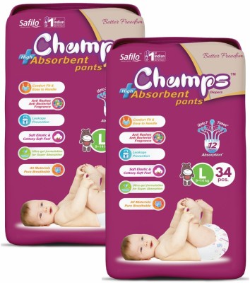 Champs High Absorbent Baby Diaper Pants|Pack of 2 - L(68 Pieces)