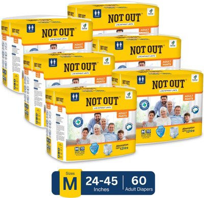 NOT OUT Pant Style Adult Diaper | Waist Size 24-45 Inch | 12-Hour Overnight Protection - M(60 Pieces)