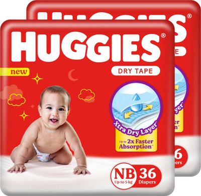 Huggies Dry Tape - Up to 2x Faster Absorption - Up to 12 Hours Overnight Absorption | - New Born(72 Pieces)