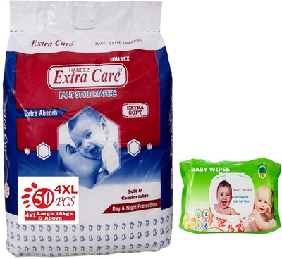 Haneez Premium Pant Diaper 4XL size 50 piece + Baby Wipes (80 wipes) 18 kg & above - XXXL