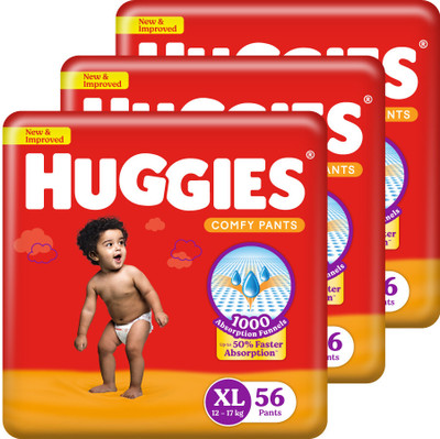 Huggies Comfy Baby Diaper Pants, Upto 50% Faster Absorption (56 X 3) - XL(168 Pieces)