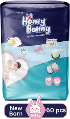 HONEY BUNNY New Born Everyday Pants Bubble Sheet Wetness Indicator 12 Hours Protection - New Born(60 Pieces)