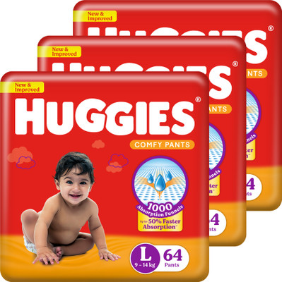 Huggies Comfy Baby Diaper Pants, Upto 50% Faster Absorption (64 X 3) - L(192 Pieces)