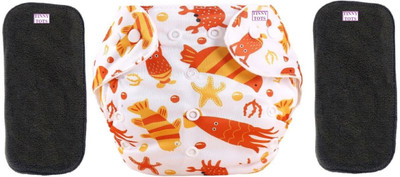 TINNY TOTS Premium Quality 1 Fashionable Baby Reusable Cloth Diaper All in One Adjustable Pocket Style Printed Diaper Polyster Nappy Washable Durable Trendy With 2 Black Microfiber Bamboo Insert liner Pad(5 Layers) For Cloth Diapers Wet-Free Durable For New Borns/Infants(SEAFISH;0 TO 24 Months;3-16 