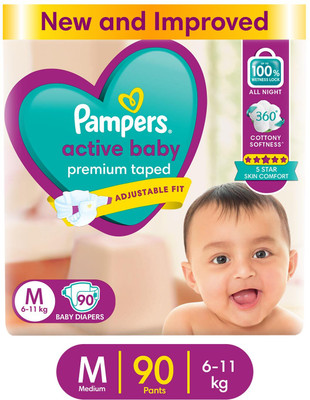Pampers Active Baby Taped Diapers with Adjustable Fit - M(90 Pieces)