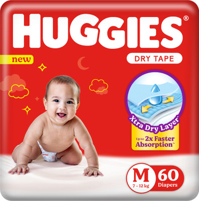 Huggies Dry Tape - Up to 2x Faster Absorption - Up to 12 Hours Overnight Absorption | - M(60 Pieces)