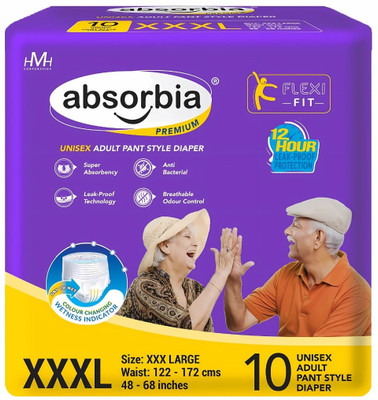ABSORBIA Adult Pant Diaper - XXXL (10 Pieces)- Waist (48-68 inch) Adult Diapers - XXXL(10 Pieces)