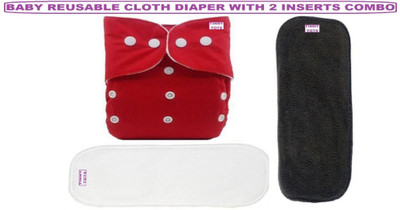 TINNY TOTS High Quality Trendy Fashionable Pack of 1 Baby Washable Adjustable All In One Button Style Baby Reusable Cotton Cloth Diaper Nappy With 1 White Microfiber Bamboo Insert Liner(5 Layers) And 1 Bamboo Charcoal Insert(5 Layers) Wet-free Durable For Babies/Toddlers/Infants(RED) - New Born(3 Pi