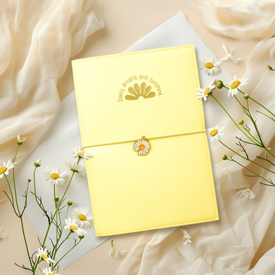 Doodle Refillable Journal with Elastic Band Closure | Flower Pendant and Card Storage | B6 Notebook Ruled 160 Pages(Yellow)