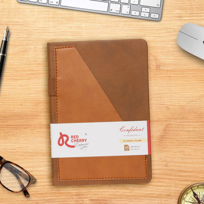 Red Cherry Confidant Collection Acid-free Paper Expandable Pocket with Pen Holder 70 GSM A5 Notebook Natural Shade PU Hardbound Opens Flat Ruled 192 Pages(Tan)