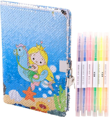 Tinker Squad Sparkly Sequin Mermaid Diary with Lock | Notebook and Pen Set for Kids & Teens Regular Notebook Ruled 160 Pages(Blue, Pack of 8)