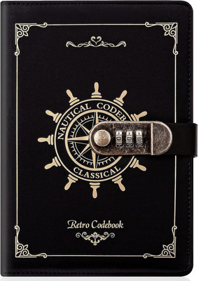 Abhsant Leather Journal Notebook with Combination Lock, Travel Writing Lined Paper Diary A4 Planner Vintage Lock Planner 204 Pages(Black)