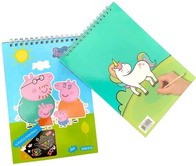 AGC Peppa Pig and Unicorn Cartoon Printed Scratch Art Book with Wooden Stylus A5 Diary Pep-pa Pig 8 Pages(Blue, Green)