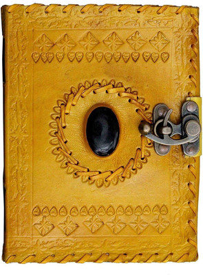 Dev HC Leather Handmade Stone Lock Diary with Unlined Pages Embossed Diary A5 Journal Plain 100 Pages(Yellow)