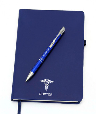 UJJi Doctor Logo Printed Navy Blue Click Metal Pen & Notebook for Doctors A5 Gift Set Ruled 186 Pages(Navy Blue, Pack of 2)