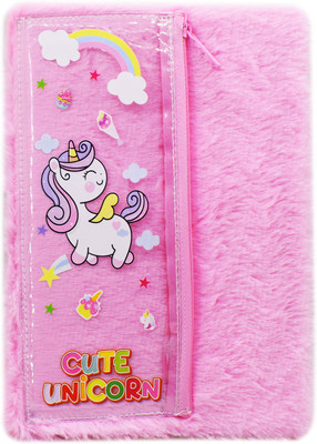 Kidizkart Unicorn Fur Diary with Inbuilt Pouch A5 Diary Ruled 70 Pages(Pink)