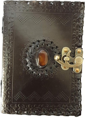 Dev HC Leather Handmade Lock and Key Diary with Unlined Pages Embossed Diary A5 Journal Plian 100 Pages(Black)