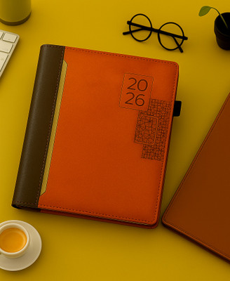 Excel PU Leather Finish Hard Bound Executive Diary Planner Sunday Half page Regular Diary with Pen Holder (Cover Design may be Different) Ruled 365 Pages(Brown)