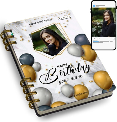 soofino Custom Premium Birthday Diary | Personalized photo,Name Print | A5 Diary Unruled 160 Pages(Silver Baloons)