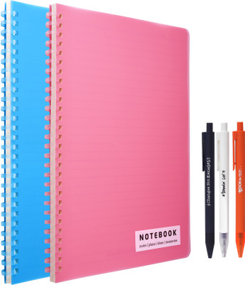 Doodle Set of 2 B5 Soft Ring Spiral B5 Notebook with 3 Pens, Ruled 160 Pages(Blue & Pink, Pack of 5)