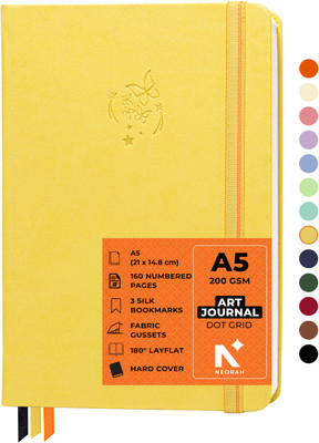 NEORAH ART JOURNAL | Dotgrid Notebook | 3 Bookmarks |Elastic Closure, Inner BackPocket A5 Journal DOTTED 160 Pages(Yellow)