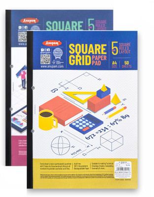 ANUPAM Squared Paper Pad A4 Size 5mm Squares on Regular Note Pad 80GSM White Paper with Perforated Edges for Easy Removal 100 Pages(White)