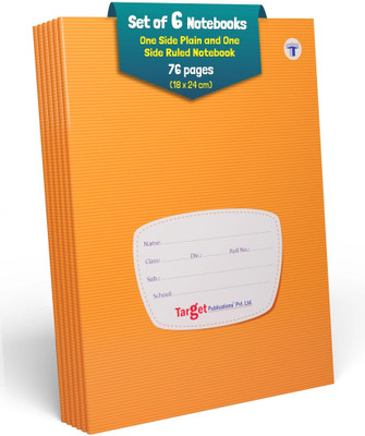 Target Publications Single Line One Side Ruled & One Side Blank Notebooks |76 Pages|18x24cm|Set of 6 A5 Notebook Single line 456 Pages(Orange, Pack of 6)