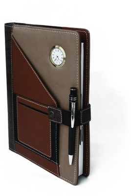Erminio Palamino Any Year Edition,PU Leather Folder Diary with Analog Watch, Calculator & Pen A4 Planner/Organizer RULED 365 Pages(Brown Beige)