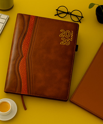 Excel PU Leather Executive Style Month Cut Hard Bound Diary with Sunday Half Pages Regular Diary 2026 with Pen Holder Ruled (Cover Design may be Different) 344 Pages(Brown)