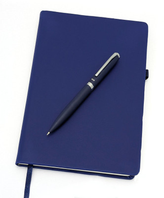UJJi Twist Metal Pen & Notebook Set in PU Leather with Elastic Closure and Pen Loop A5 Gift Set Ruled 186 Pages(Navy Blue New, Pack of 2)
