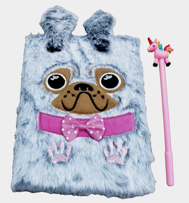 TECHNOCHITRA Soft Pug Fur Diary Notebook with Unicorn Pen for girls A5 Notebook Ruled 90 Pages(Multicolor)
