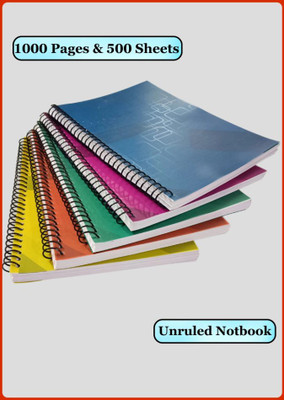 Puvi Spiral Binding Long Notebook l Plain 75 GSM Notebook A4 Notebook Spiral Plain 1000 Pages, Each notebook 200 Pages(White, Pack of 5)