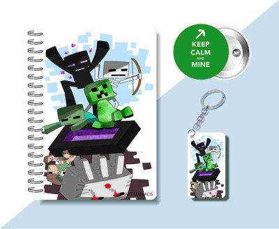 craft maniacs MINECRAFT DIARY & ONE KEYCHAIN & BADGE A5 Diary RULED 120 Pages(Blue)