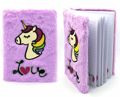 PRAYOSHA ENTERPRISE Cute Unicorn Fur Notebook Diary with Pink pen A5 Diary Single rule 100 Pages(Unicorn Dairy Type 02)