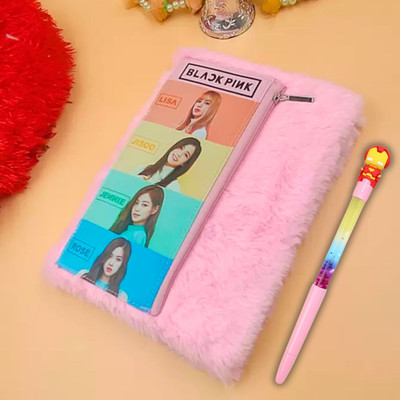 KUMARBROTHERSABSD BTS Fur Diary With Attached Pen And Pencil Pouch And A Glitter Pen BTS Notebook A5 Diary Ruled 80 Pages(Pink)