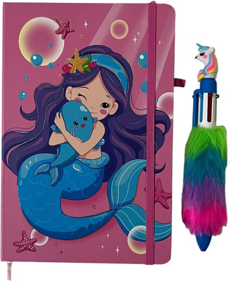 Wahejoy Mermaid Hard Bound Diary (22x15 cm) & 6 in 1 Unicorn Fur Pen A5 Notebook Ruled 100 Pages(Pink)
