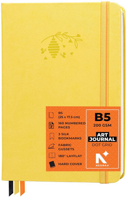 NEORAH ART JOURNAL | Dotgrid Notebook | 3 Bookmarks |Elastic Closure, Inner BackPocket B5 Journal DOTTED 160 Pages(Yellow)